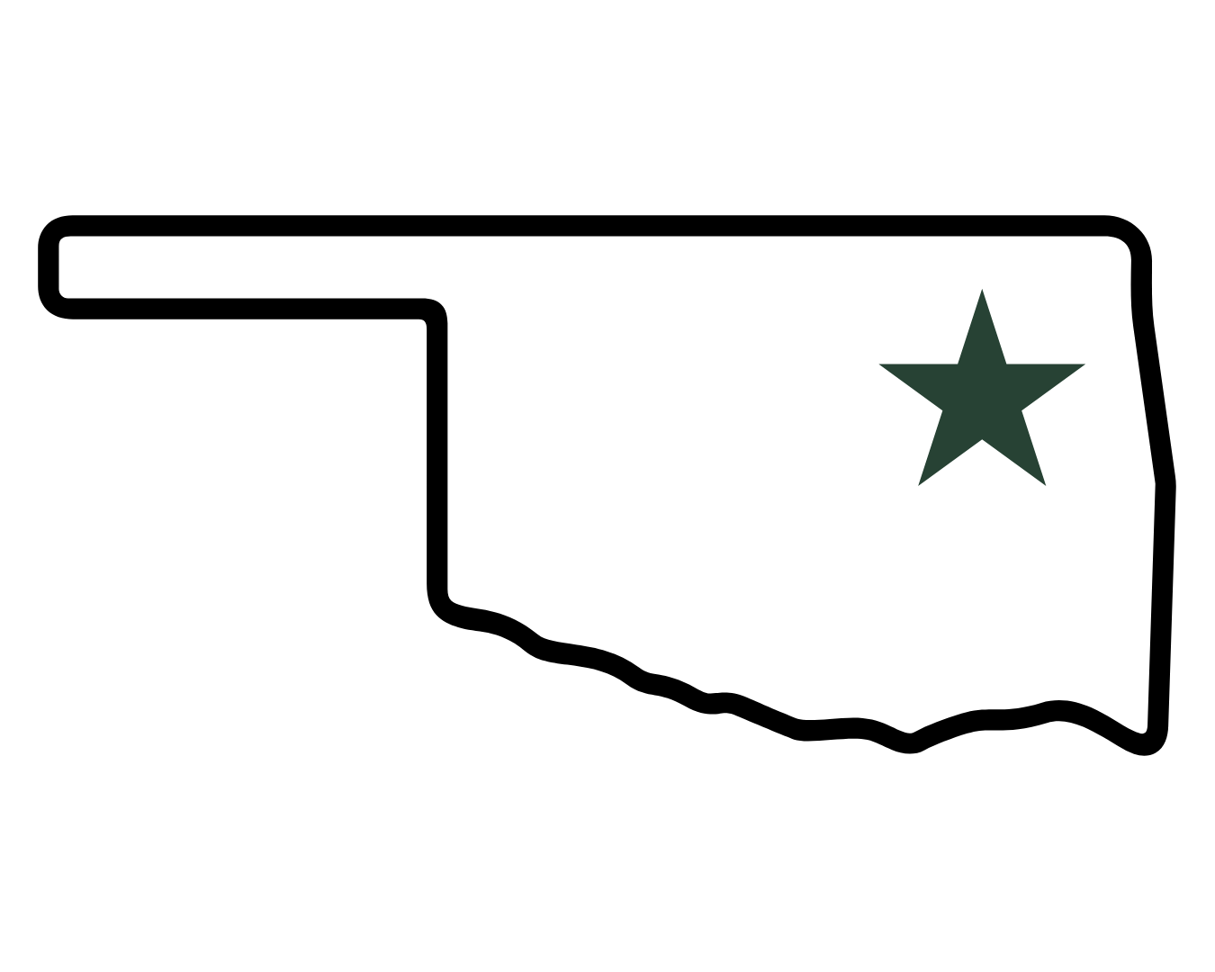 Outline map of the state of Oklahoma with a dark green star on the eastern side, representing locally owned and Oklahoma produced.