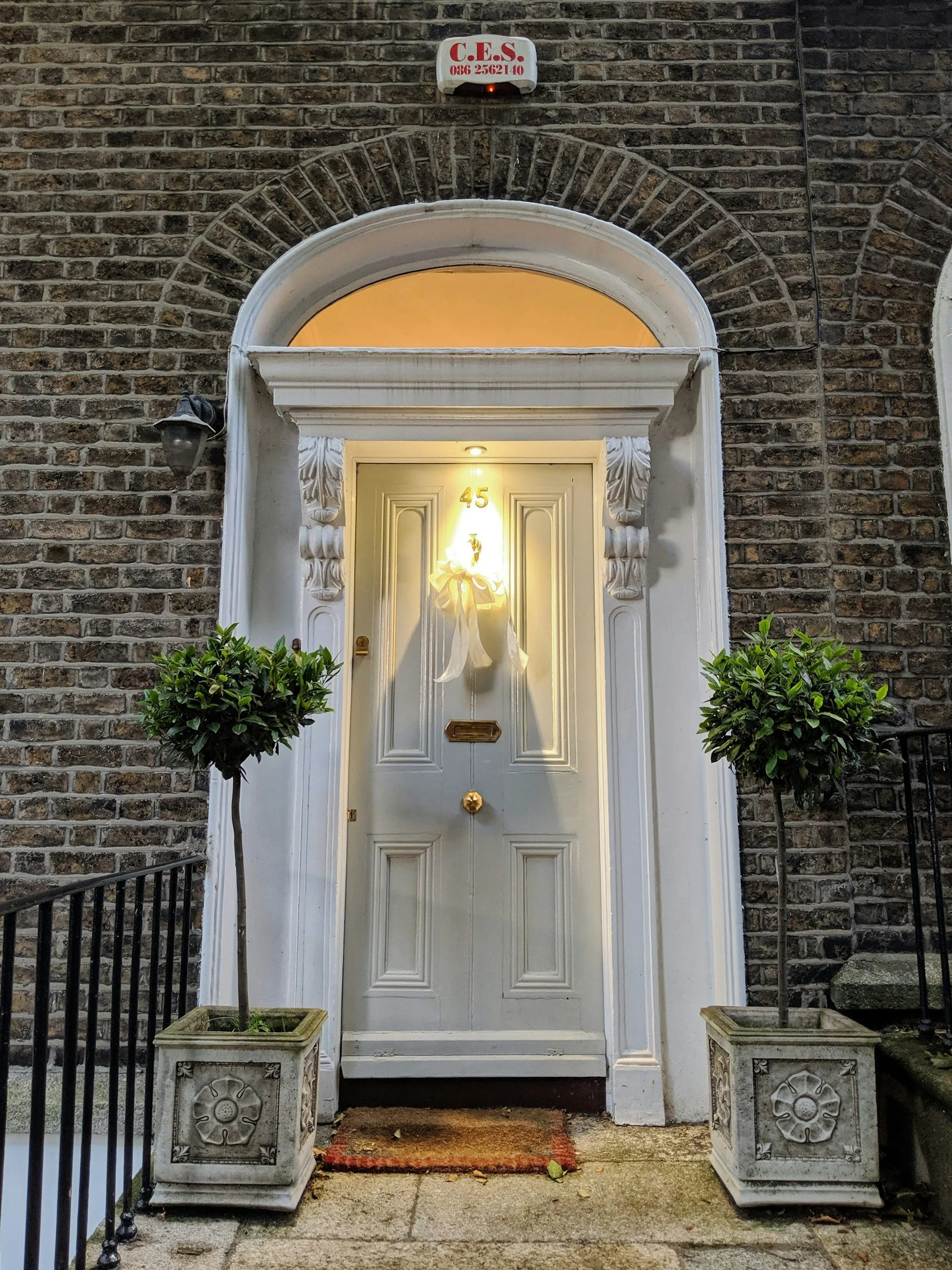 Front door of a house with white decorative molding, flanked by two potted plants and framed by a black metal railing. The brick wall is visible in the background, with a small sign and a gate to the side.