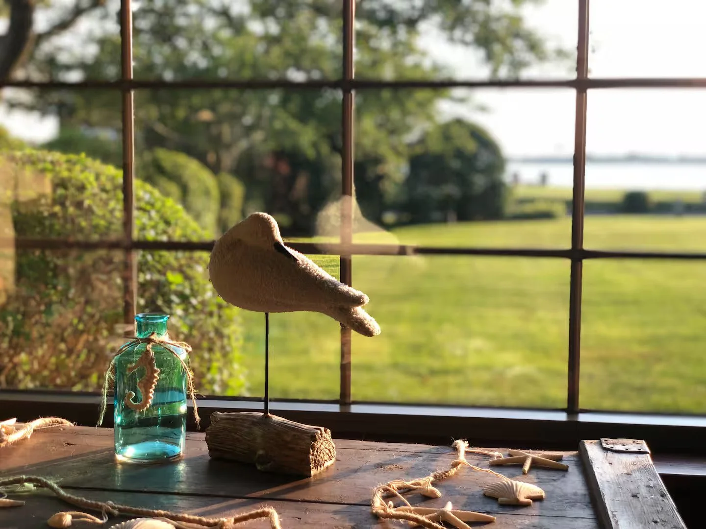 Decorative duck head sculpture on a stand, placed on a table near a window with a view of a green outdoor landscape and water in the background. Also, a small teal bottle and sea shells are on the table.