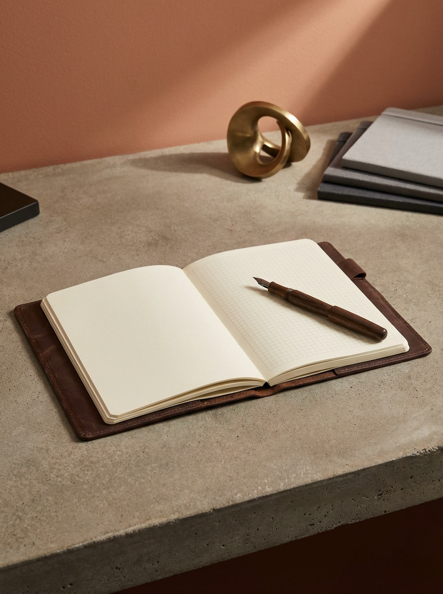 a brown paper notebook and a wooden pen are laying on the table