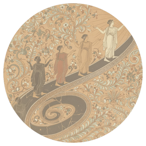 Four figures climbing a spiral ramp, each one further up than the last, the highest reaching into the light.