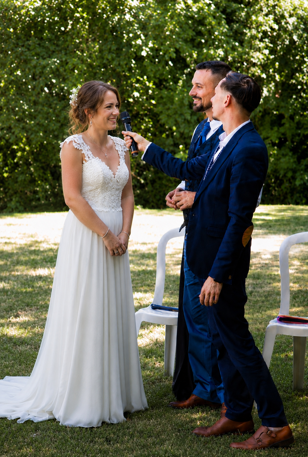 officiant de cérémonie laïque échangeant avec une mariée lors d'une cérémonie de mariage personnalisée.