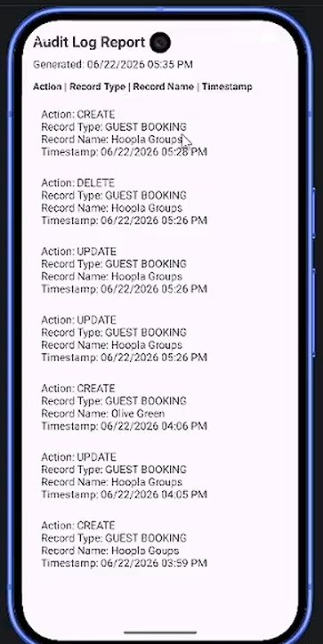 Screenshot of an audit log report on a phone, showing create, delete, and update actions for guest booking records at Hoopla Groups from June 22, 2026, with timestamps from 4:04 PM to 5:28 PM.
