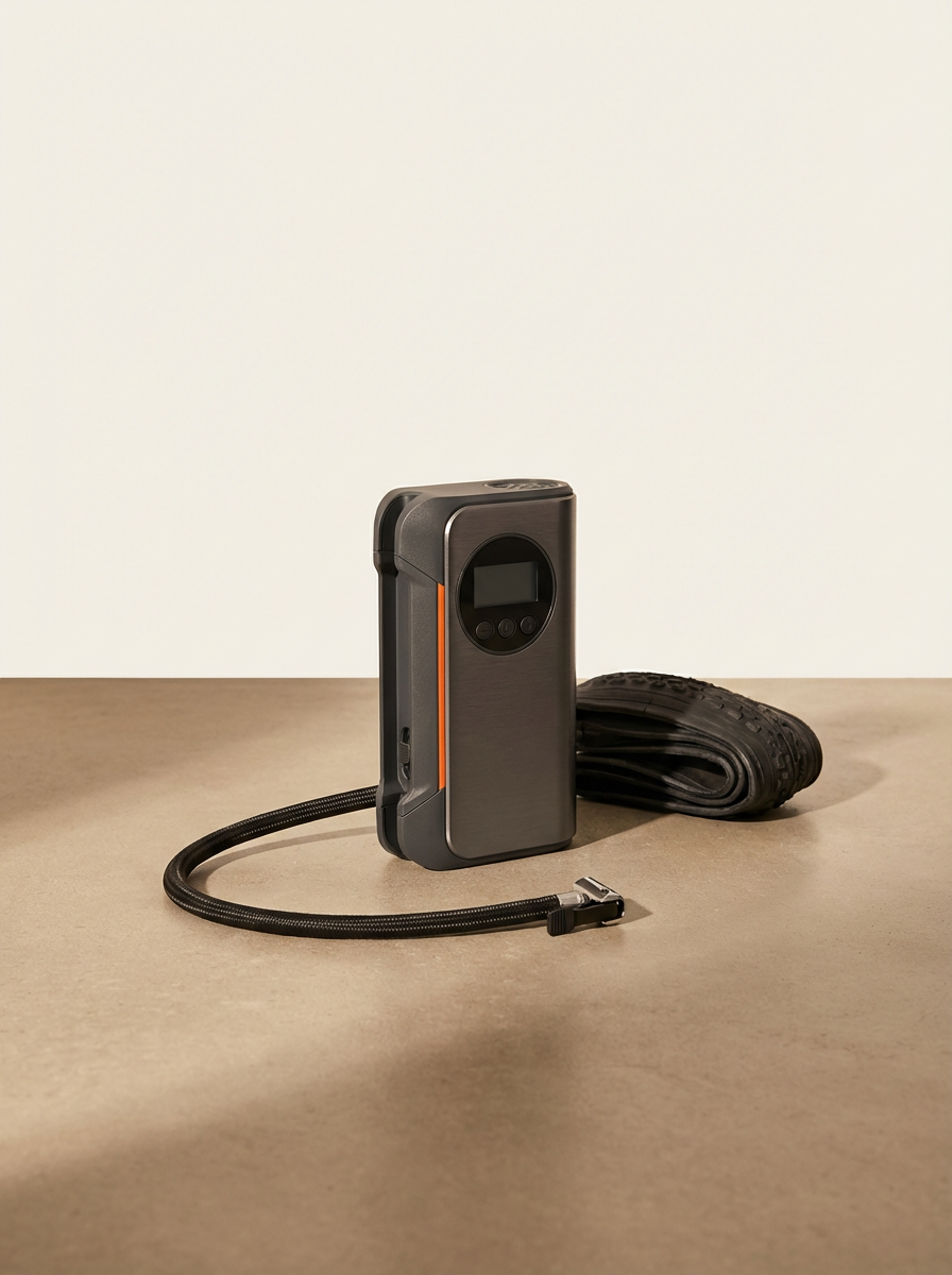 Portable electronic device, likely a tire pressure monitoring system, with a hose and a rolled-up inner tube on a neutral-colored surface.