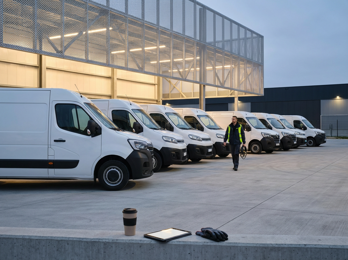 A row of white delivery vans parked outside a modern building with a large glass facade during early evening. A man in a yellow and black safety vest walks near the vans, holding a bicycle. On the concrete ground in the foreground, there is a coffee cup, a tablet, and a pair of gloves.