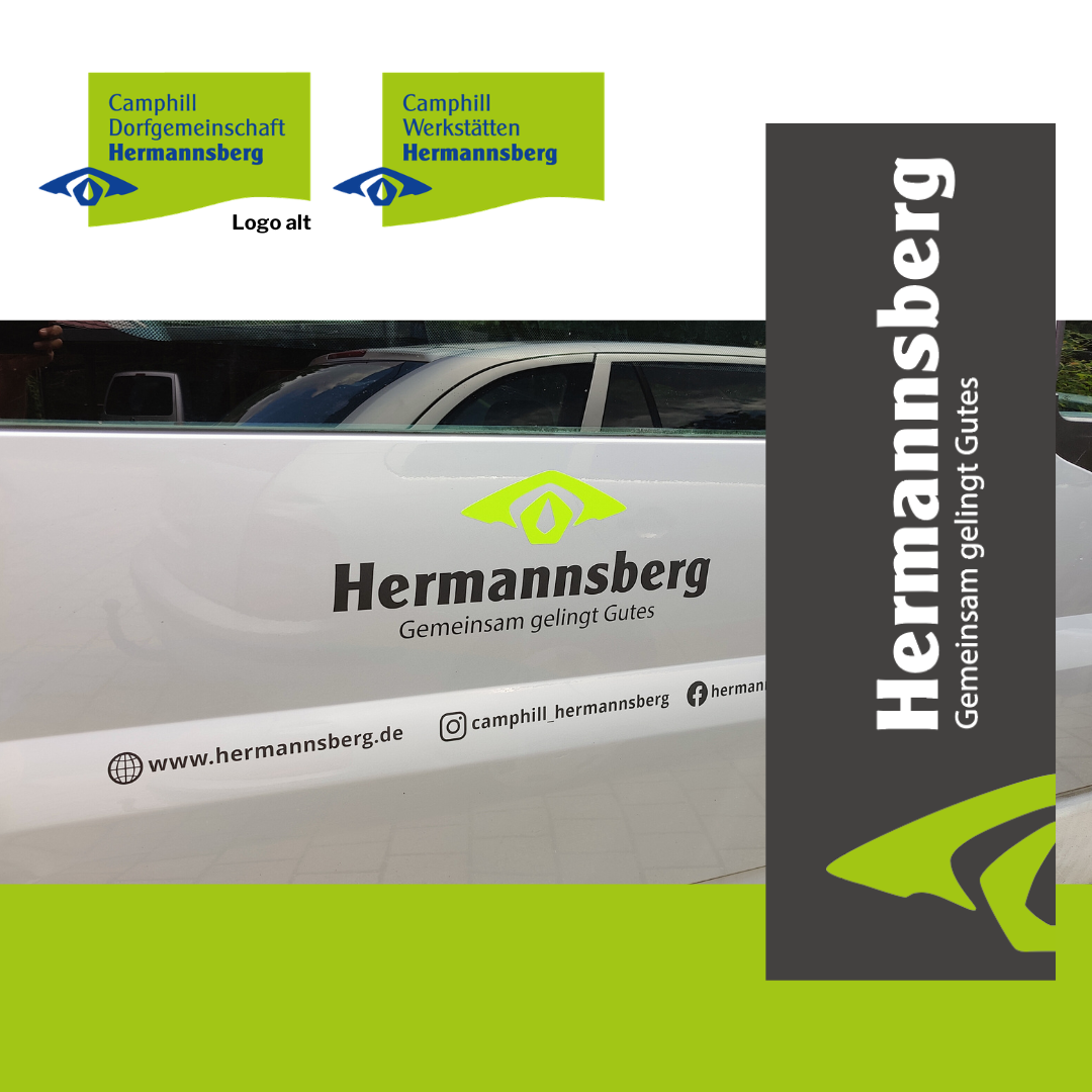 Werbung für Hermannsberg mit Logo, Slogan und Social Media Icons auf einem Fahrzeug