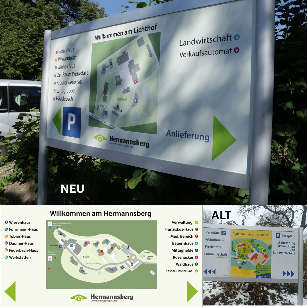 Ein Informationsschild am Hermannsberg mit Lageplan, Wegbeschreibung und Parkmöglichkeiten. Es begrüßt Besucher zum Hermannsberg, zeigt verschiedene Gebäude und Einrichtungen wie das Roth-Haus, Wiedenholz, Weishaus, Werkstätten, Kräuterwerkstatt, Landgruppe und Häuserlöch sowie die Anlieferung, Werkstätten und Landwirtschaft. Weitere Schilder im Bild zeigen ältere und aktuelle Wegweiser mit zusätzlichen Informationen und Karten.