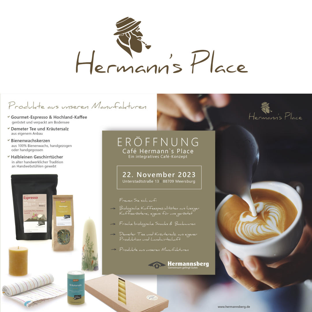 Flyer für die Eröffnung des Cafés Hermann's Place am 22. November 2023 in Meersburg, mit Bildern von Kaffee, Tees, Kerzen und handgefertigten Produkten.