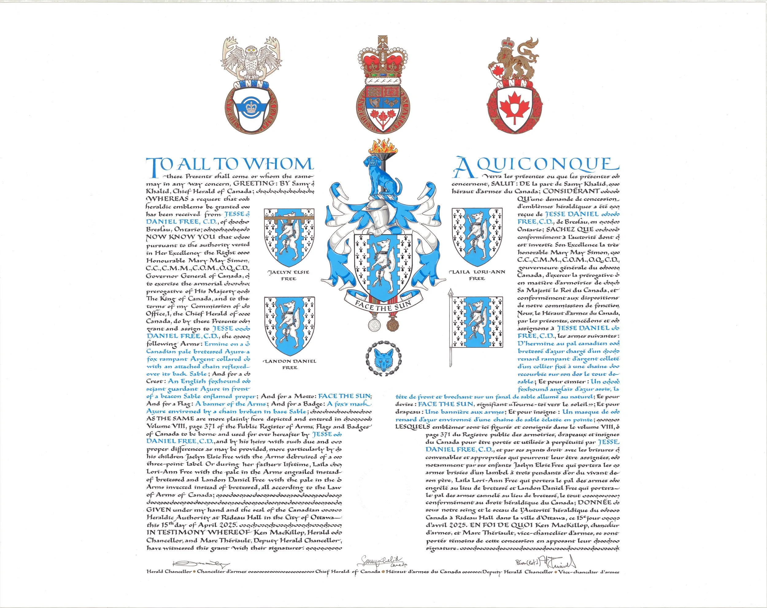 A historical document with coats of arms, medals, and text in English and French, likely related to Canadian heraldry or military insignia.