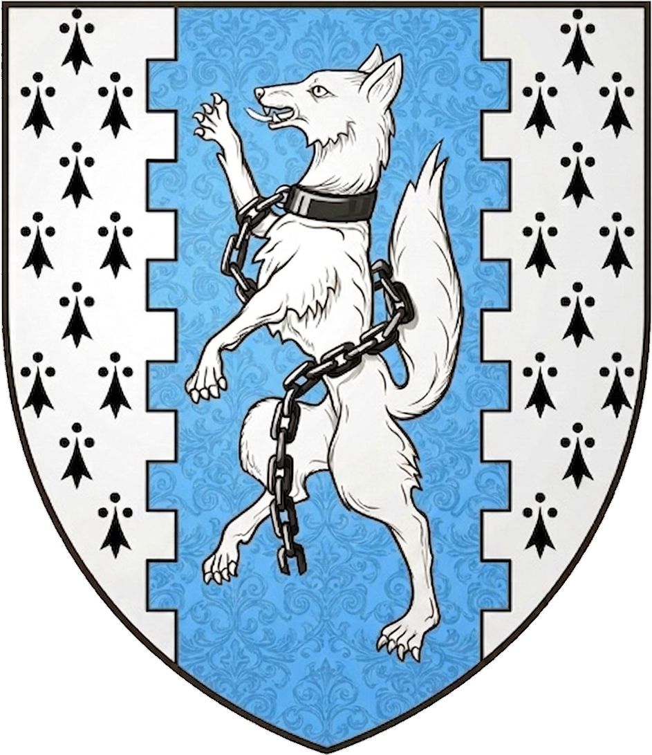 A heraldic shield with a blue background featuring a white wolf standing on its hind legs, wearing a black collar and chained.