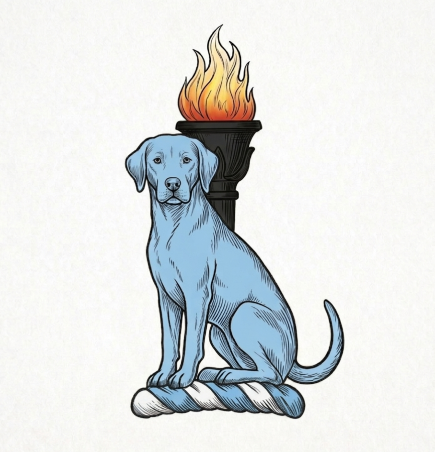 A blue dog sitting in front of a torch with flames, on a twisted rope base.