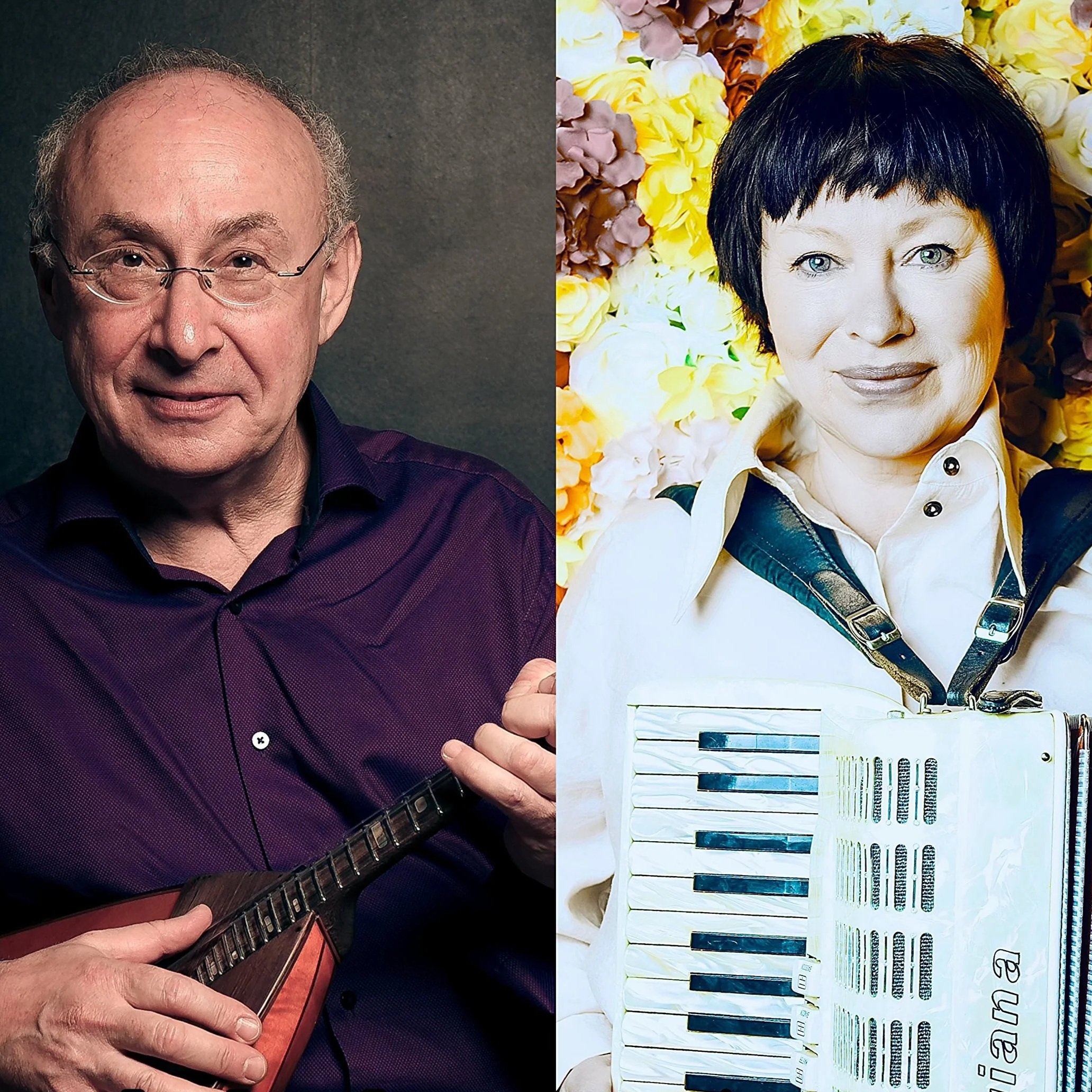 Auf der linken Seite ein Mann mit Brille, der eine Balalaika spielt. Auf der rechten Seite eine Person, die auf einem weißen Sofa mit vielen gelben, weißen und braunen Blumen im Hintergrund liegt.