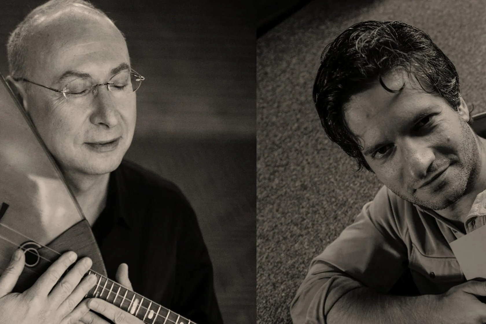 Zwei Schwarz-Weiß-Fotografien von jungen Männern; links ein Mann mit Brille, der Gitarre spielt, die Augen geschlossen, und rechts ein Mann mit dunklen, gewellten Haaren, der sich auf dem Boden liegend, mit einem freundlichen Gesichtsausdruck zeigt.