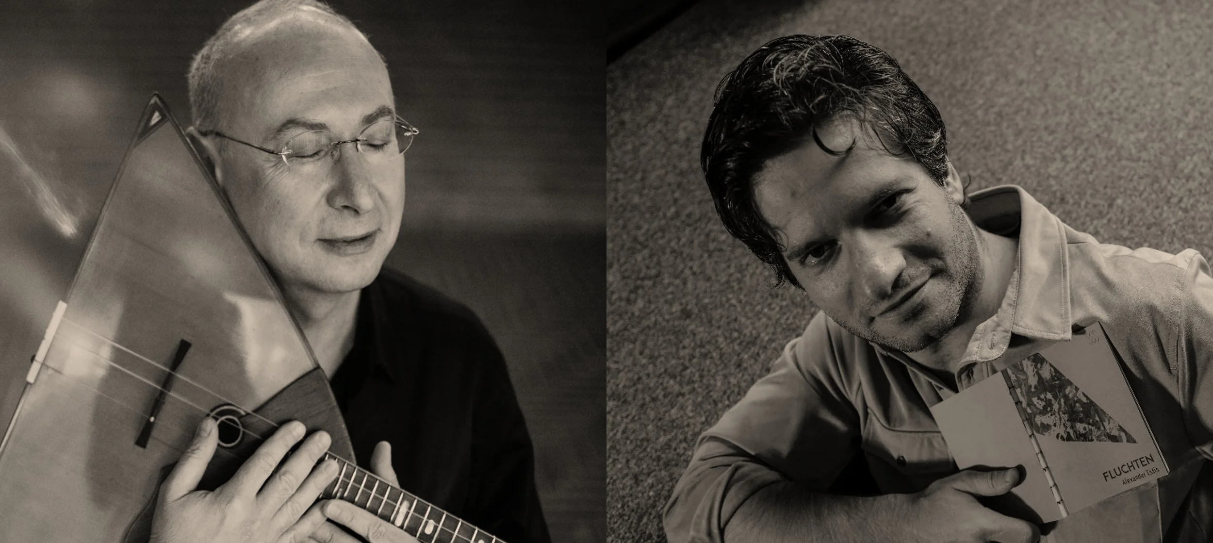 Zwei schwarze und weiße Fotos; links ein älterer Mann mit Brille, der eine Gitarre hält, rechts ein jüngerer Mann mit dunklen Haaren, der ein Buch hält, auf dem 'Fluchten' zu lesen ist.