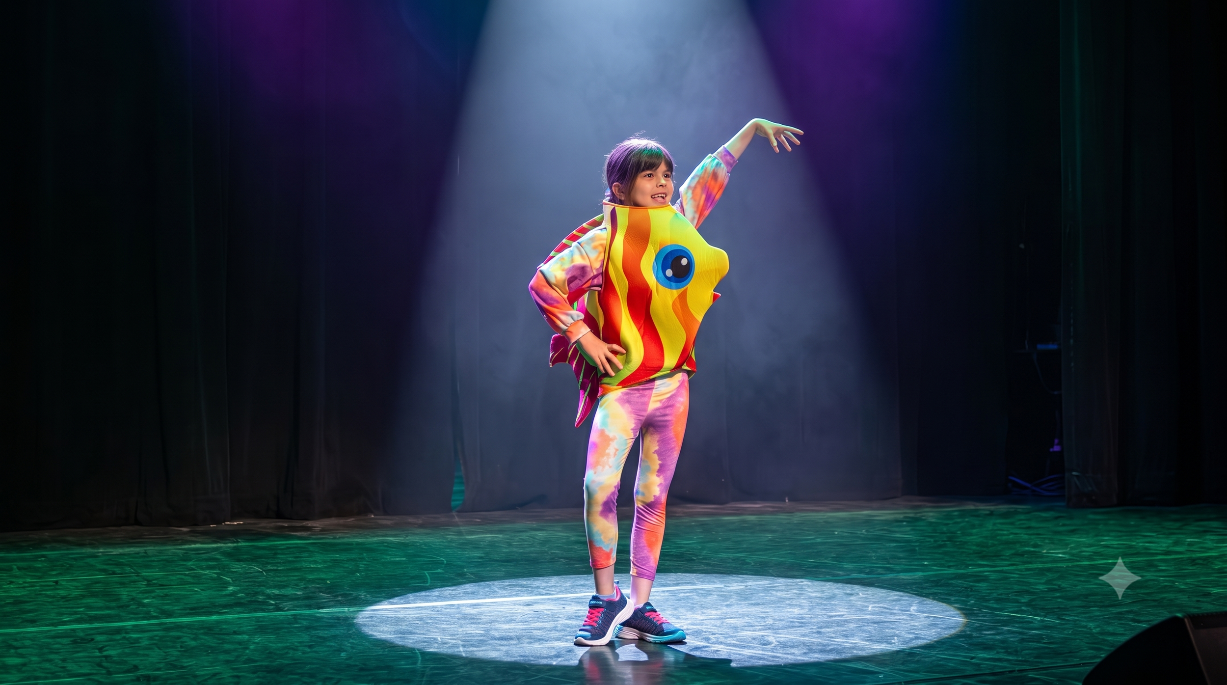 Child in a bright costume performing on stage in an Act One Shining Stars class for ages 6–7