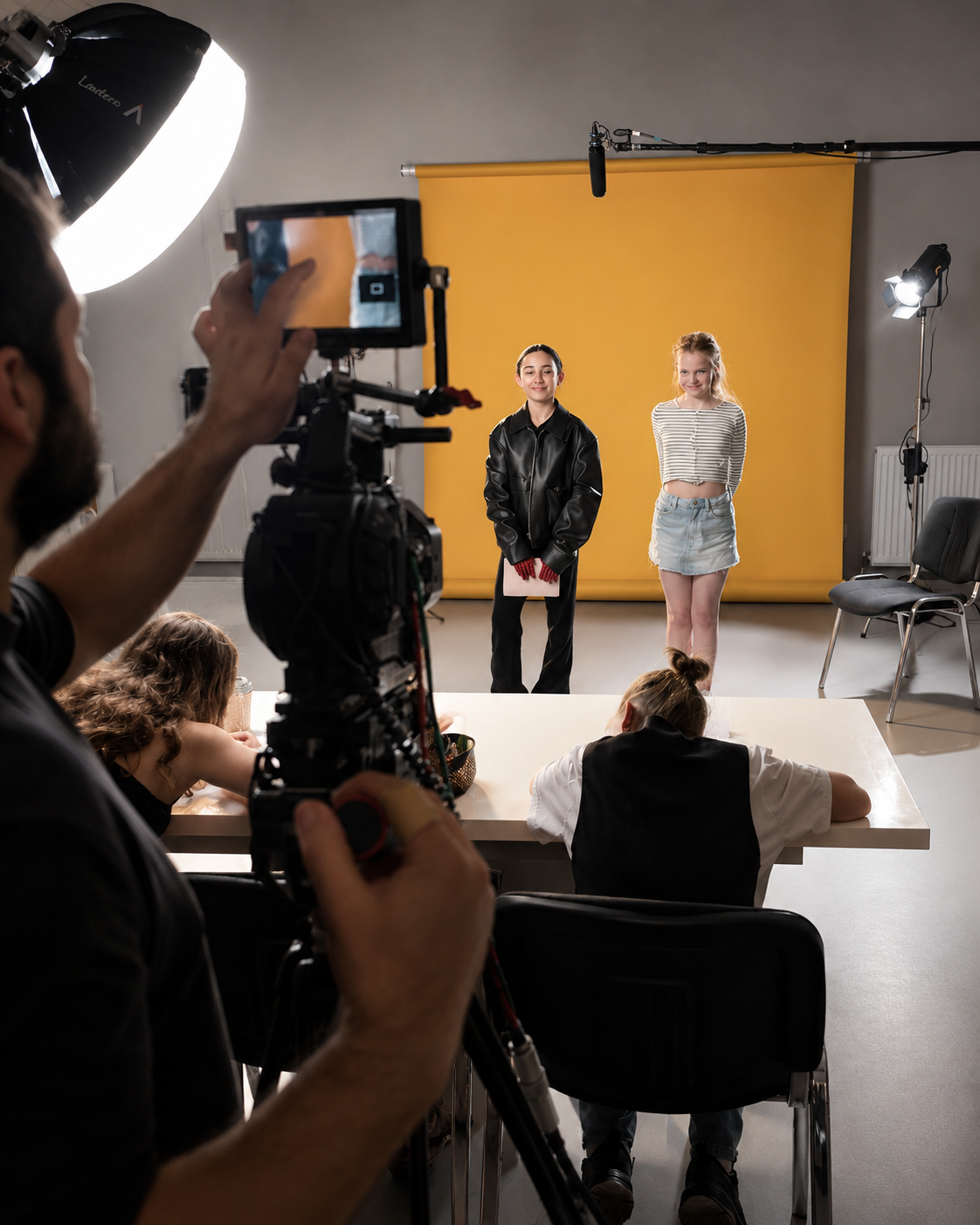Young actors being filmed on a professional camera during a screen acting class in Winchester