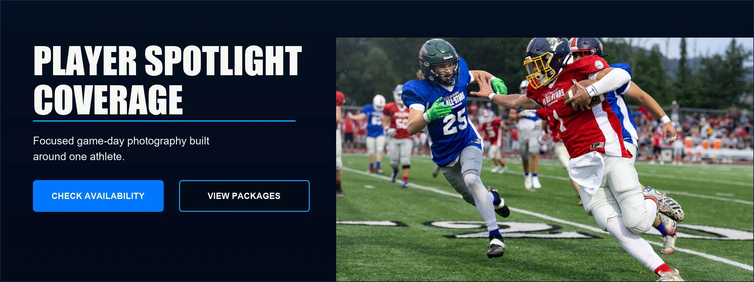 Player Spotlight Coverage: focused game-day photography built around one athlete, featuring a football action photograph and links to availability and package details.