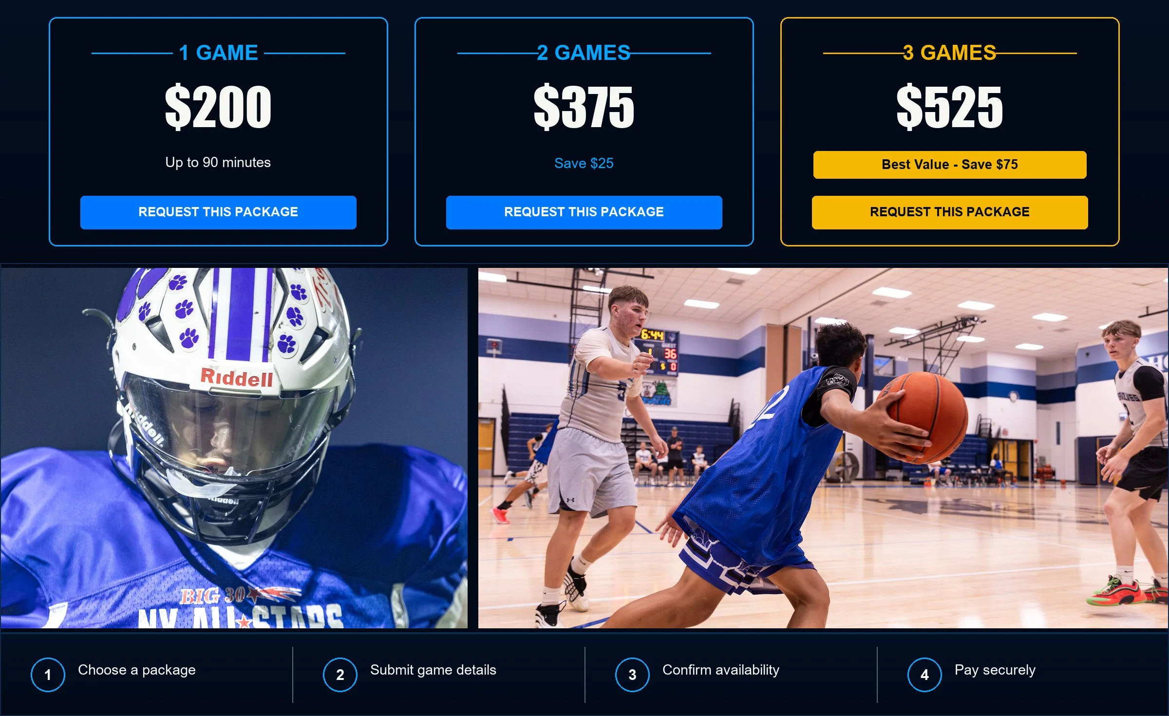 Player Spotlight packages: one game for $200, two games for $375, or three games for $525, followed by football and basketball action photos and the four-step booking process.