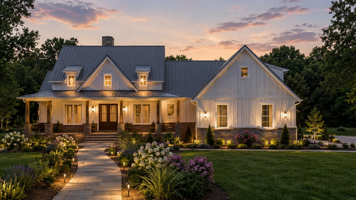 Beautiful illuminated modern house at dusk with a stone pathway and well-maintained garden.