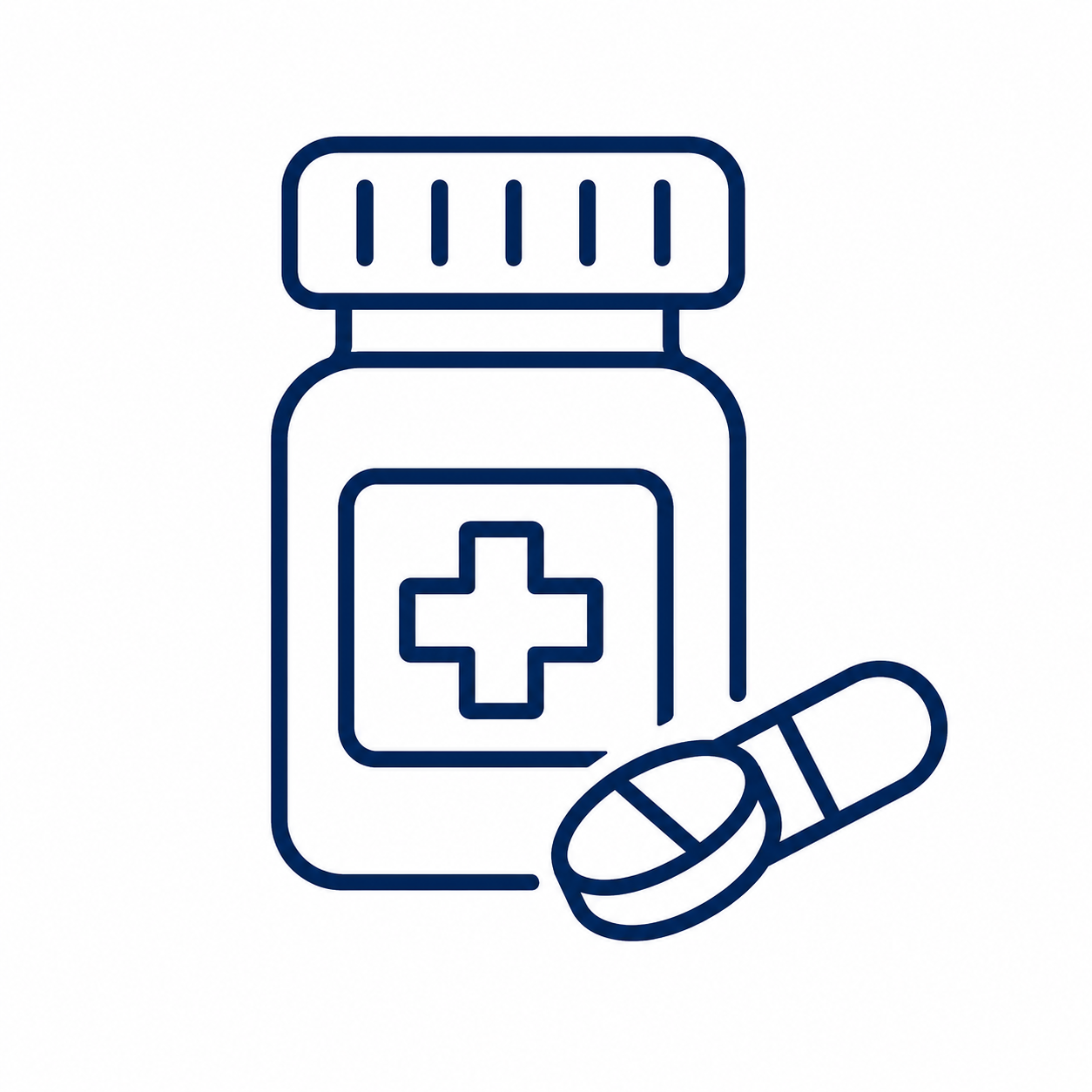 Medication management icon featuring a prescription pill bottle and medication capsule.