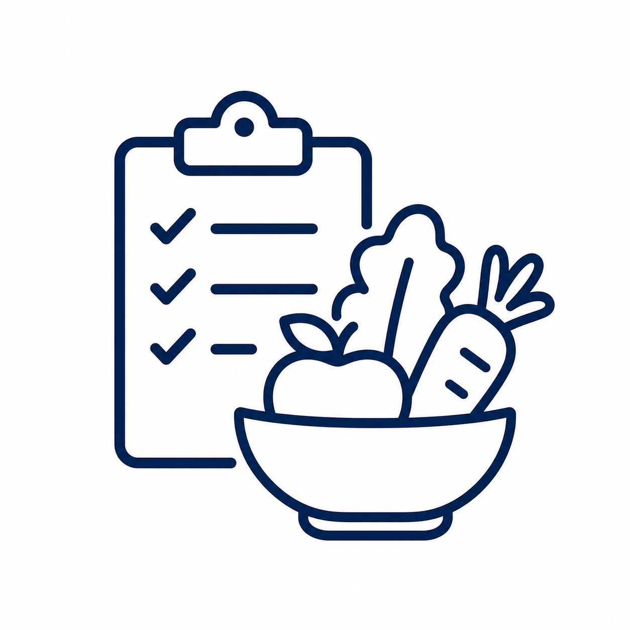 Nutrition consultation icon with healthy foods and wellness checklist.