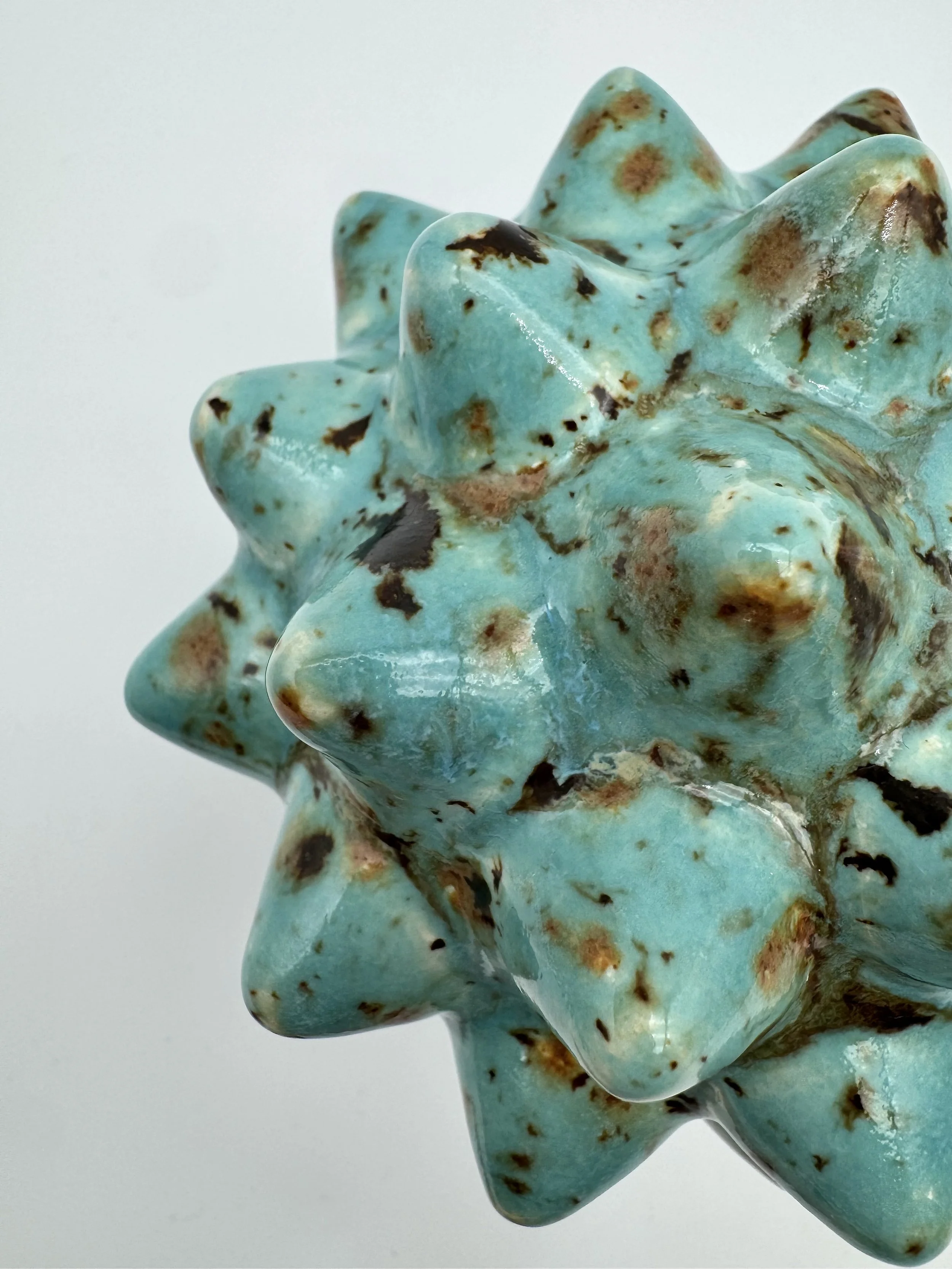 Close-up photo of a turquoise-colored, irregularly shaped stone with brown and black speckles and streaks, against a plain white background.