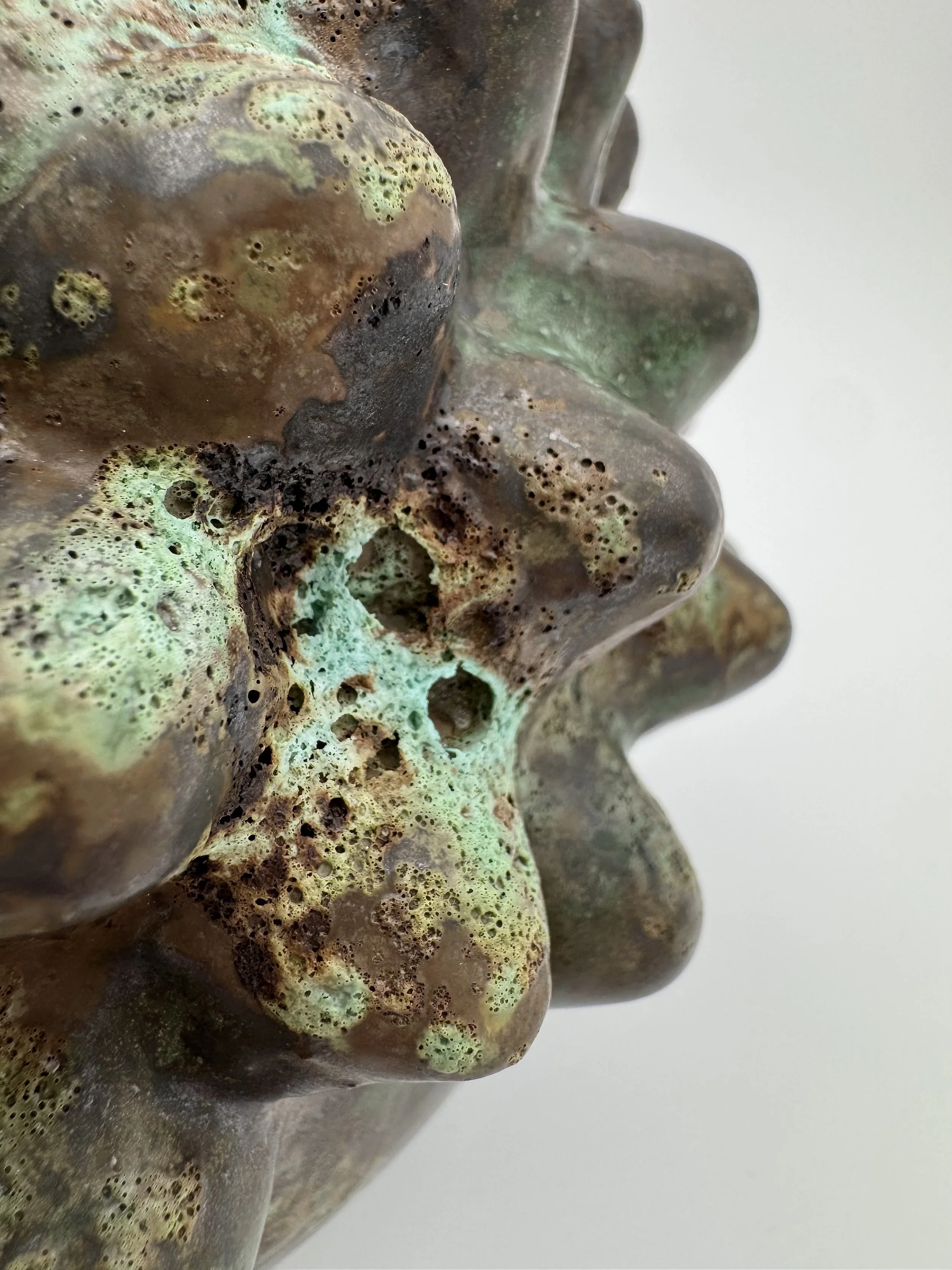 Close-up view of a textured object with irregular surface, exhibiting brown, green, and black patches, and small holes or cavities, possibly a mineral or fossil.