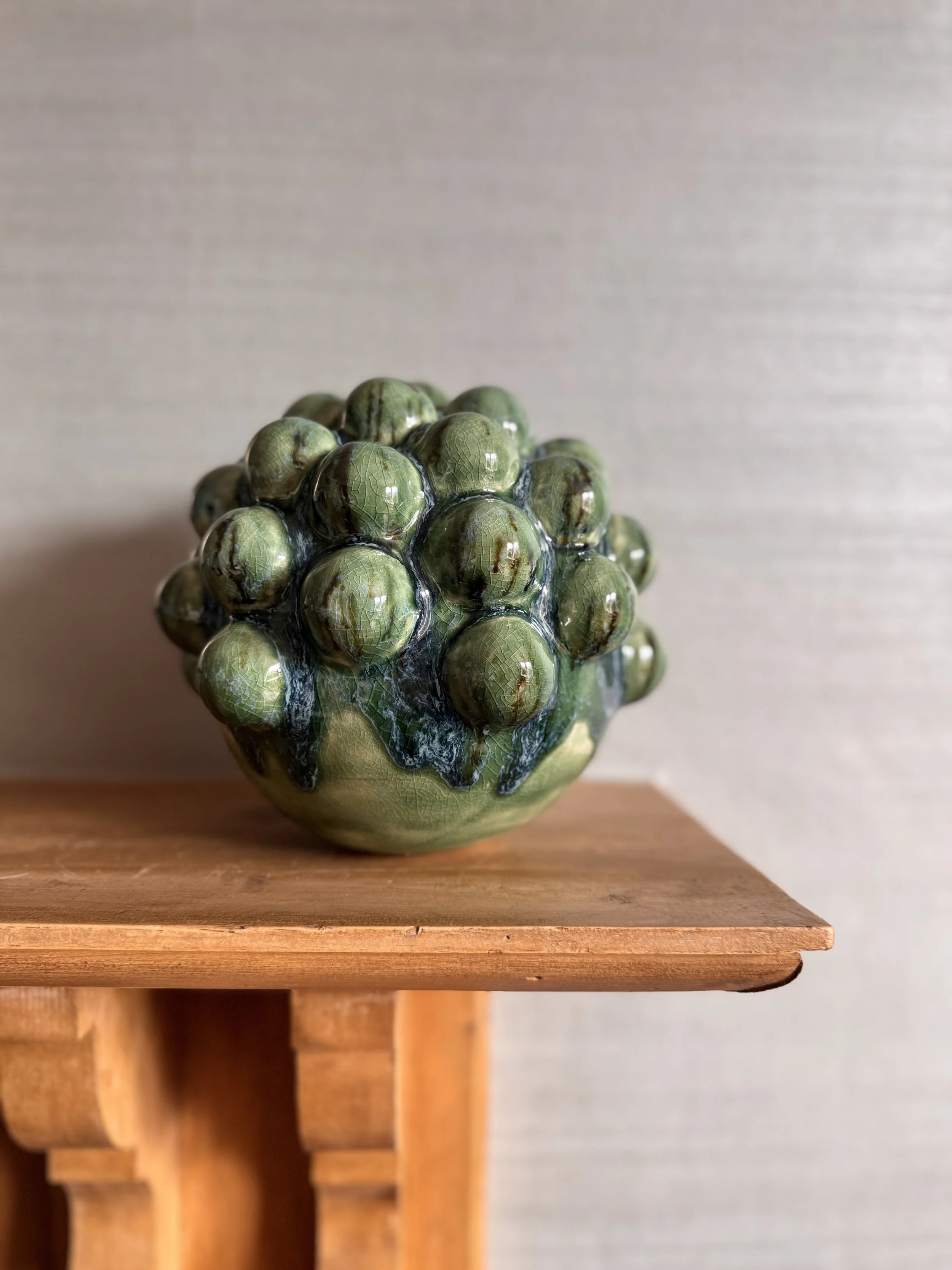 A green, textured cactus plant in a decorative ceramic pot placed on a wooden surface.