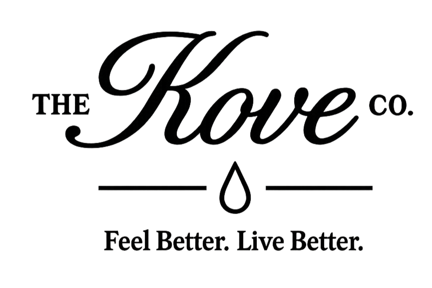 Logo with the text 'The Kove Co.' and a water droplet symbol, followed by the tagline 'Feel Better. Live Better.'