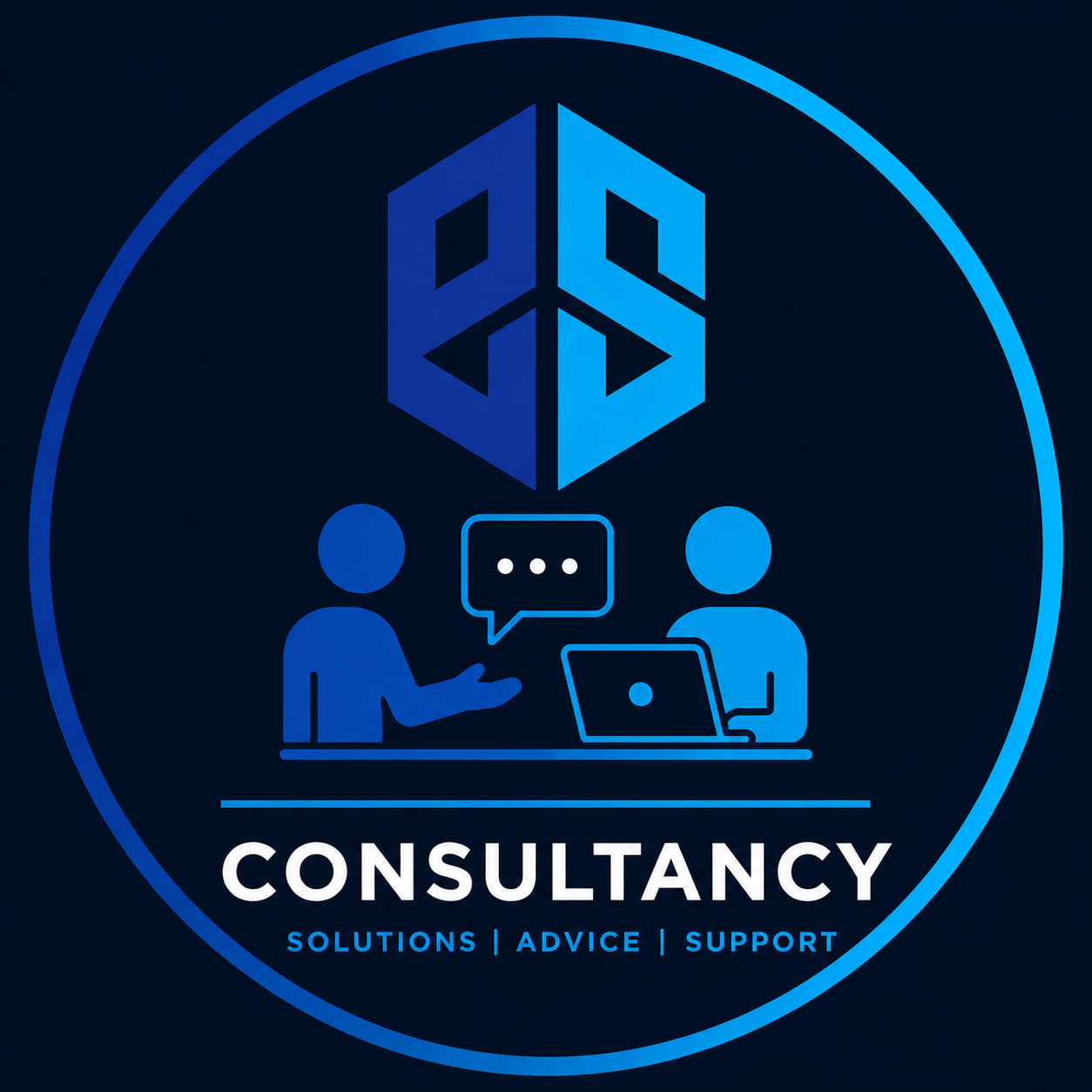 Digital illustration of two people in a consultation, one speaking and the other listening, with a speech bubble, a laptop, and a geometric fox head logo above them, surrounded by a circular border. Text reads 'Consultancy' with the words 'Solutions | Advice | Support' below.