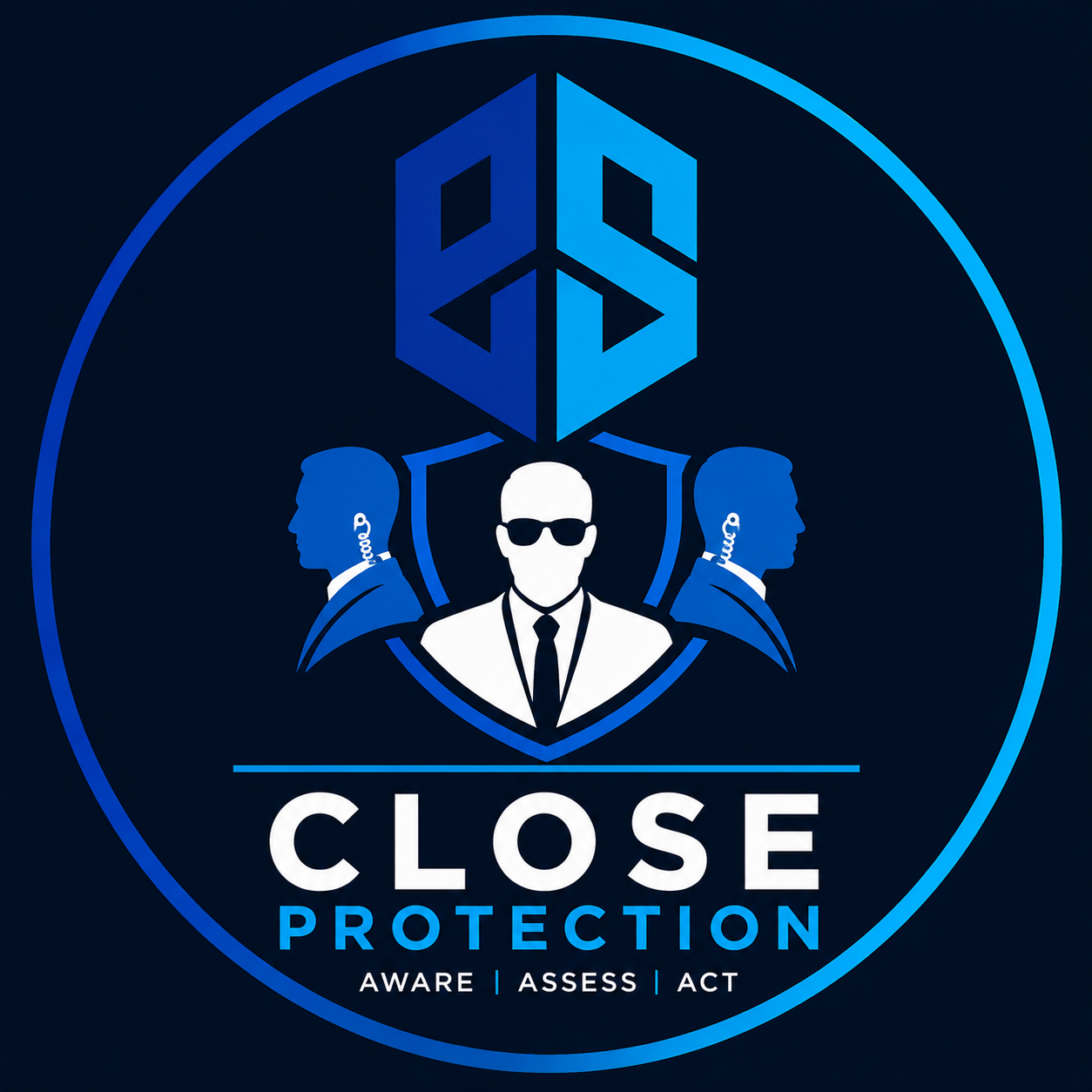 A digital graphic featuring the words 'Close Protection' with the subtitle 'Aware, Assess, Act.' It includes a central figure wearing sunglasses in a suit, flanked by two side profiles of individuals with earpieces, all within a circular design with a high-tech, security theme.