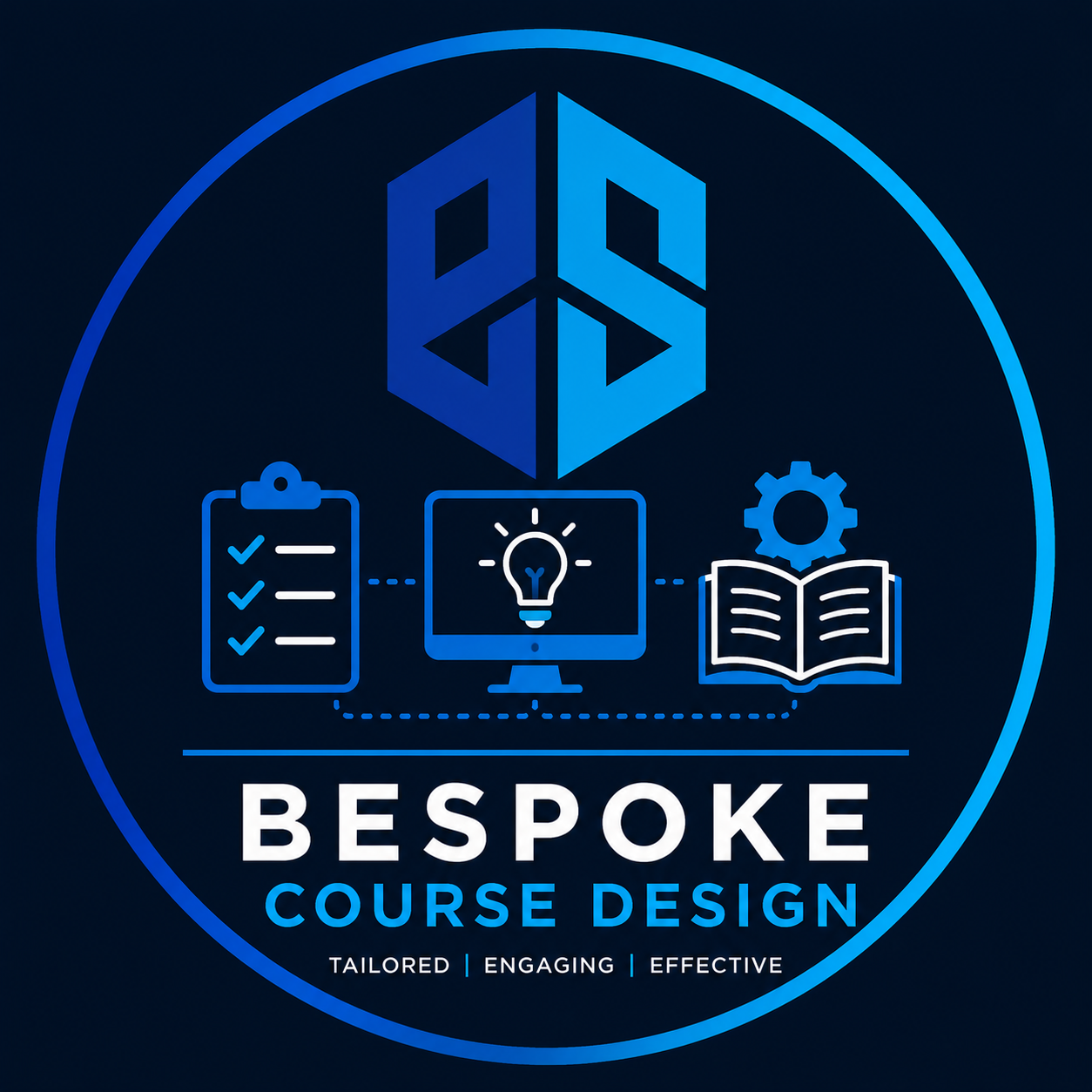 A digital graphic with a dark background featuring a logo at the top, icons of a checklist, computer monitor with a light bulb, and open book with a gear. Below, text reads 'Bespoke Course Design' with the tagline 'Tailored | Engaging | Effective'.