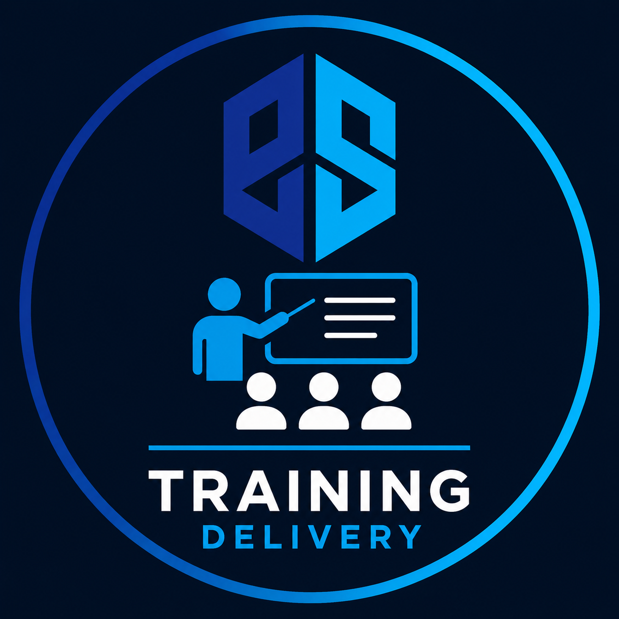 Iconic illustration of a person leading a training session with a pointer at a presentation board, three people seated, with a geometric design symbol above and the words "Training Delivery" below, all inside a circular border with a dark background.