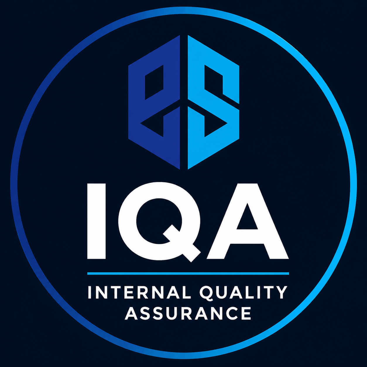 Logo for IQA Internal Quality Assurance, featuring a blue geometric shape and white text on a dark background.
