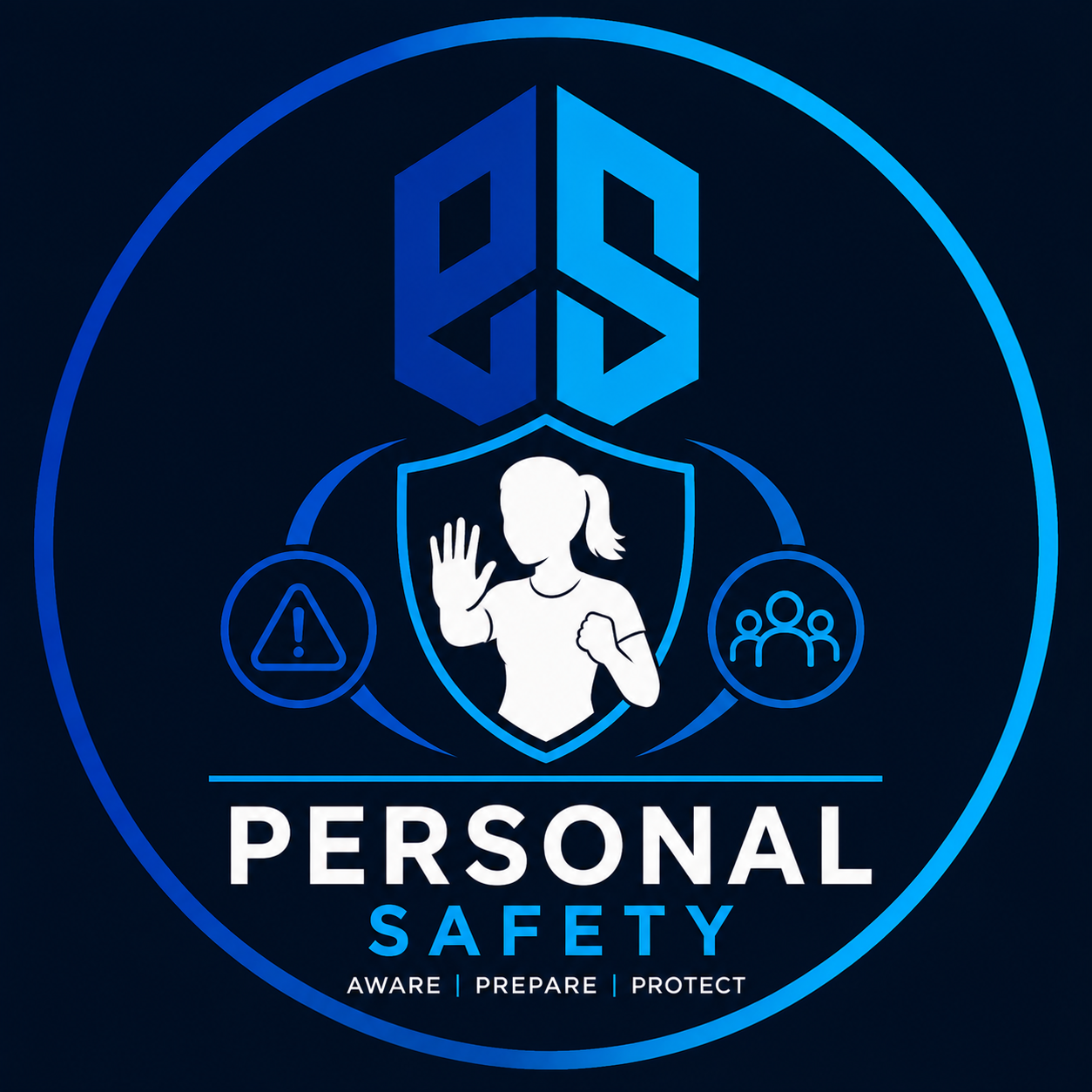 A digital graphic promoting personal safety with a female figure inside a shield, accompanied by icons of warning and group safety symbols. The design features blue tones and the words "Personal Safety" with the tagline "AWARE | PREPARE | PROTECT."