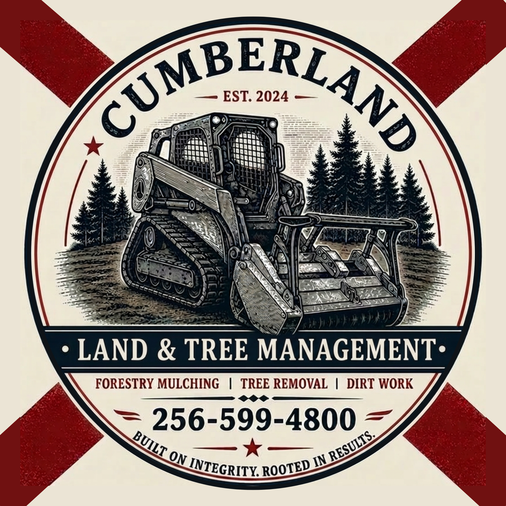 Circular logo for Cumberland Land & Tree Management with an illustration of a bulldozer in front of trees, services listed at the bottom, and contact phone number.