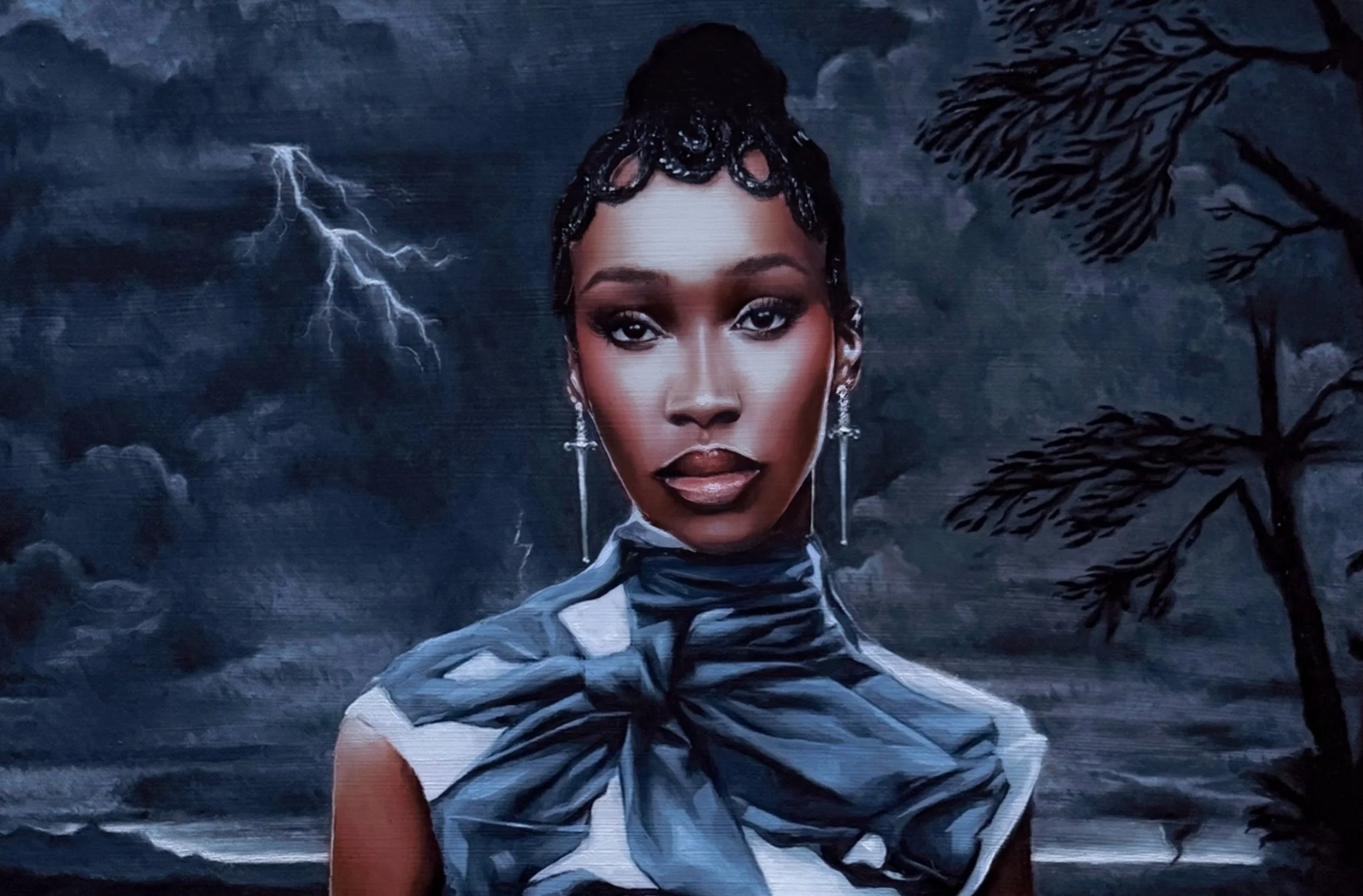 Portrait of a woman with dark braided hair styled up, wearing elegant earrings and makeup, with a dramatic dark and stormy background featuring lightning and silhouettes of trees.