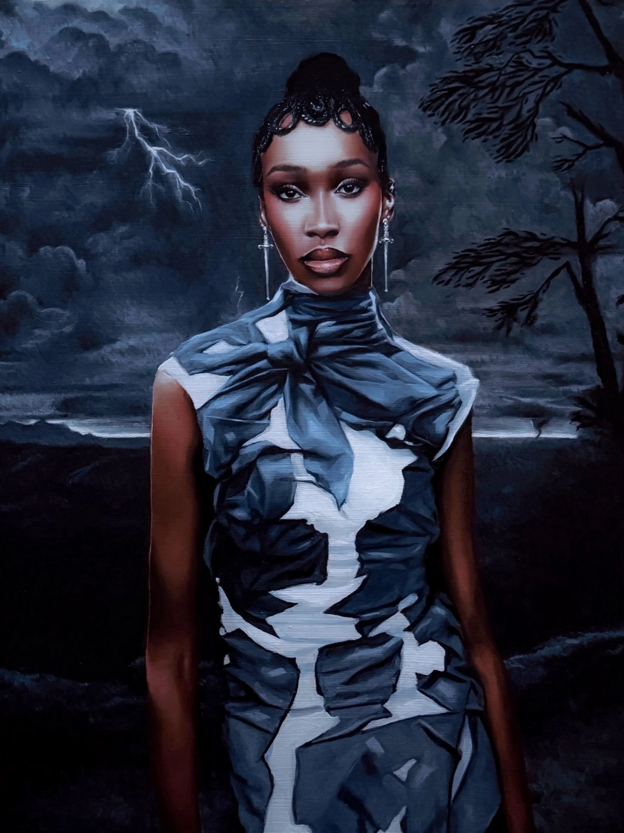 A painting of a woman with dark skin and hair styled in an updo, wearing earrings and a dress with a bow at the neck, set against a stormy background with lightning and trees.