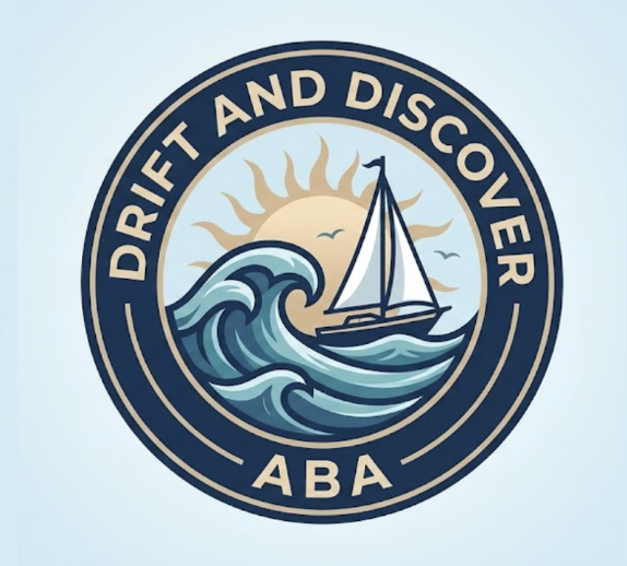 A circular logo featuring a sailing boat on waves with a sun and birds in the background. The surrounding text reads 'Drift and Discover ABA'.