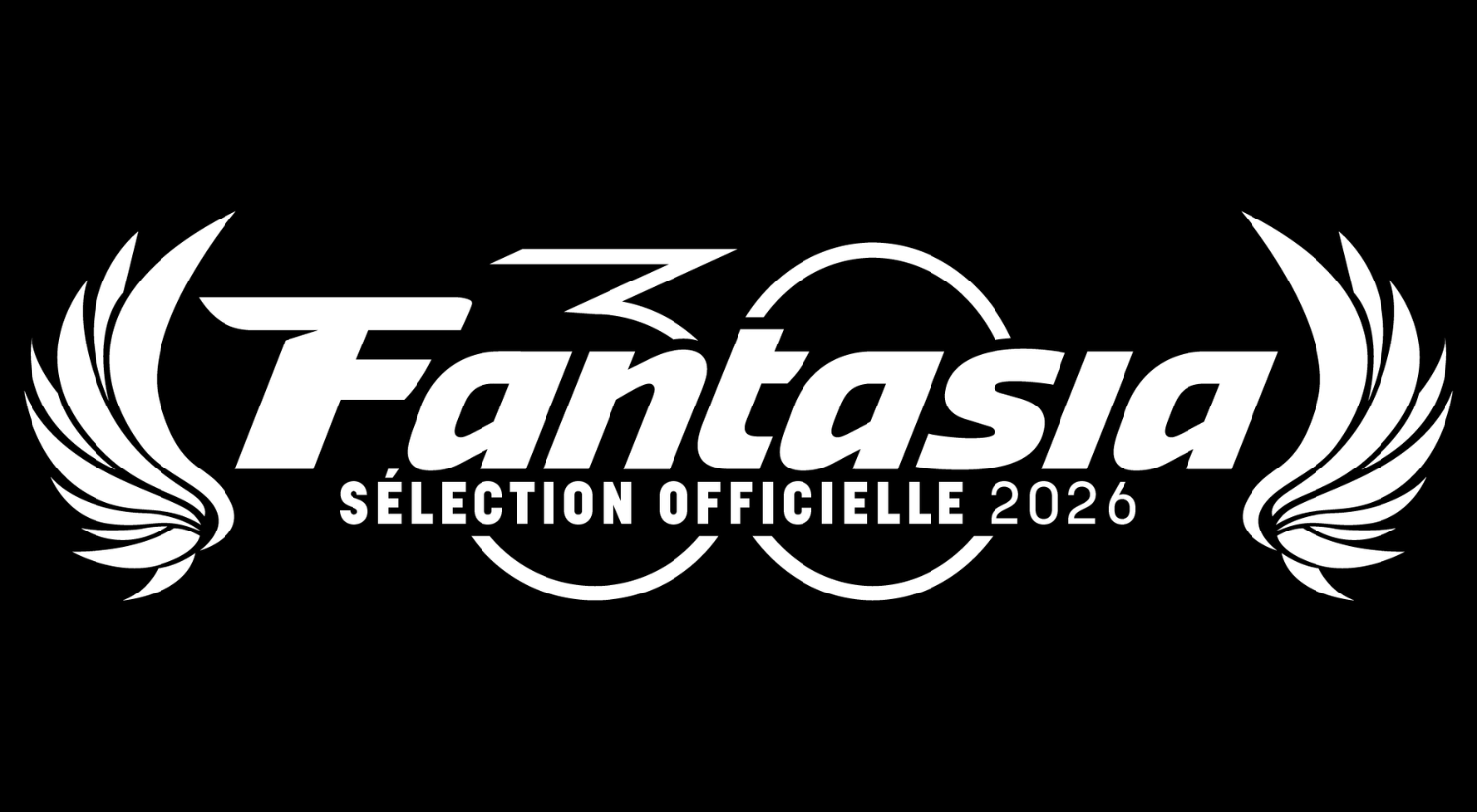 Black background with white text and graphics for 'Fantasia Sélection Officielle 2026', featuring stylized wings and a rising sun design.