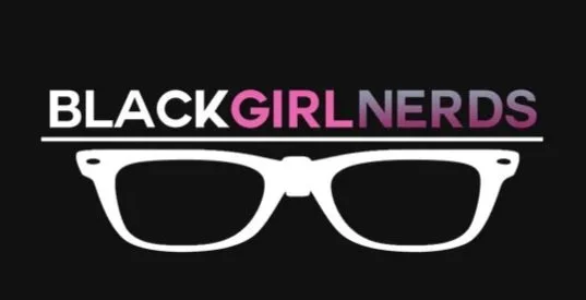 Black girl nerds logo with stylized white glasses and text in white, pink, and purple on a black background.