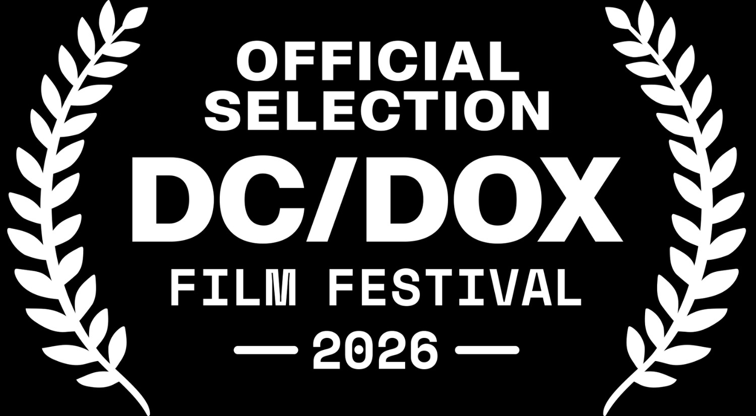 Black and white logo for the DC/DOX film festival 2026, featuring laurel wreaths on each side and text indicating official selection.