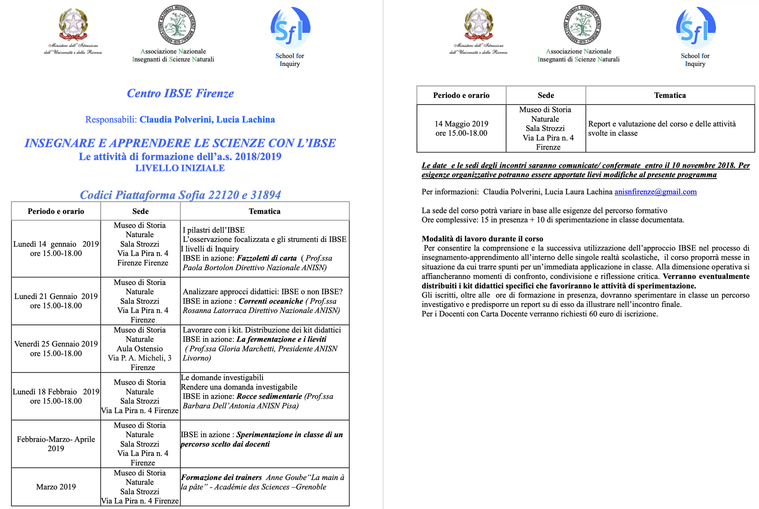 Corso formazione Insegnare e Apprendere le Scienze con IBSE 18/19 
