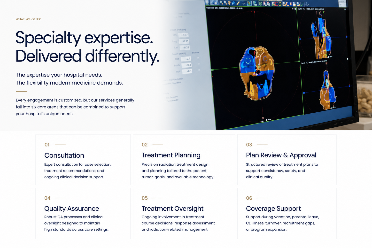 Computer screen displaying medical treatment planning information with a 3D colored model of a body and sections of medical imaging, alongside text about hospital services and treatment processes.