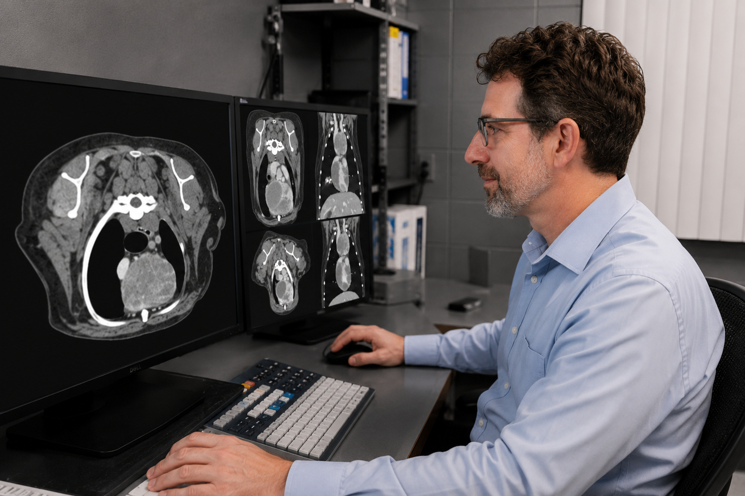A doctor analyzing brain and pelvic CT scans displayed on dual monitor screens in a medical office.