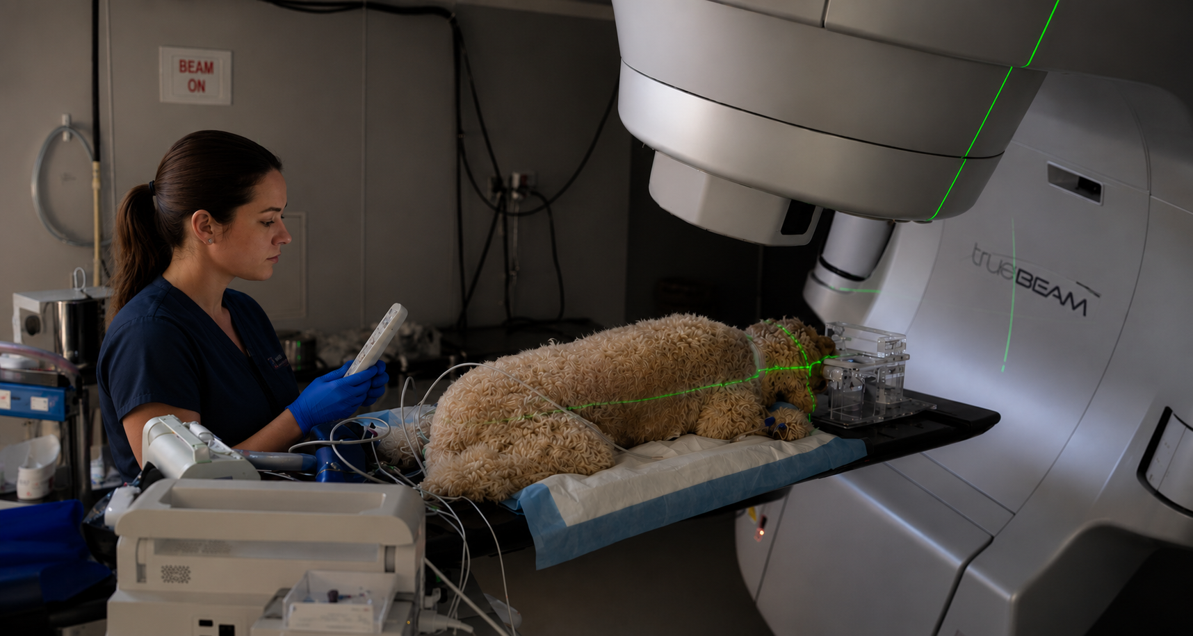 A veterinarian or researcher in blue scrubs and gloves monitors a dog during a medical procedure using a laser at a veterinary hospital or laboratory.