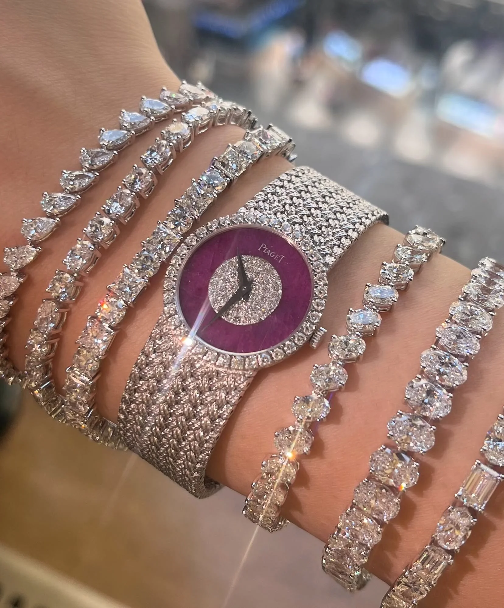 Wear one or stack a few, either way all eyes are on your wrist. 

Our signature diamond Odelia bracelet collection styled with a Vintage Piaget Rubellite Pav&rsquo;e Watch that was crafted to elevate every stack. ✨ 

Inquiries via DM. 
@vintagewatchf