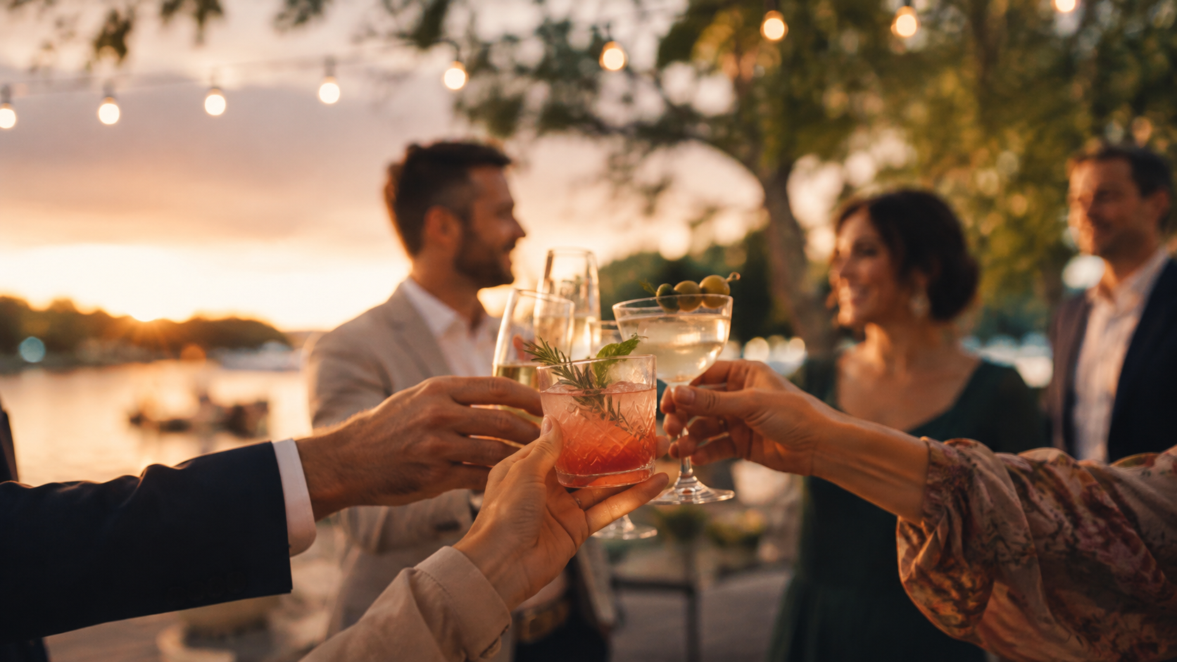 People enjoying drinks at an outdoor gathering during sunset, with string lights hanging above.
