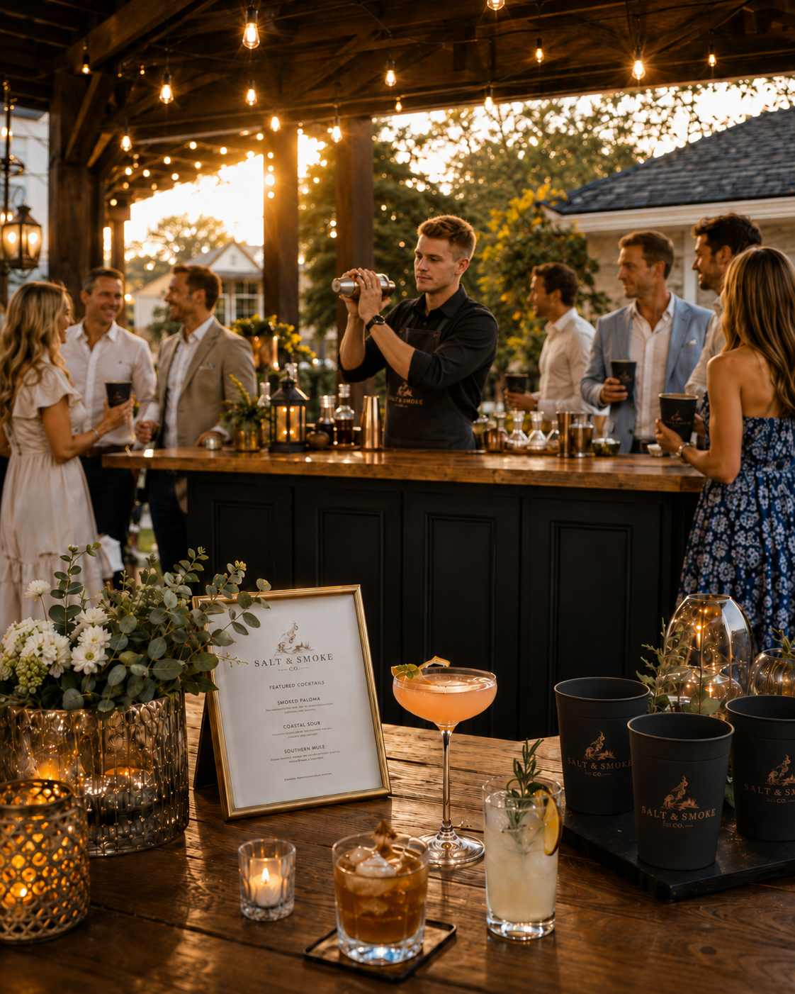 An outdoor cocktail party at sunset with a bartender preparing drinks behind a wooden bar, surrounded by adults socializing and holding cocktails, decorated with candles, flowers, and string lights.