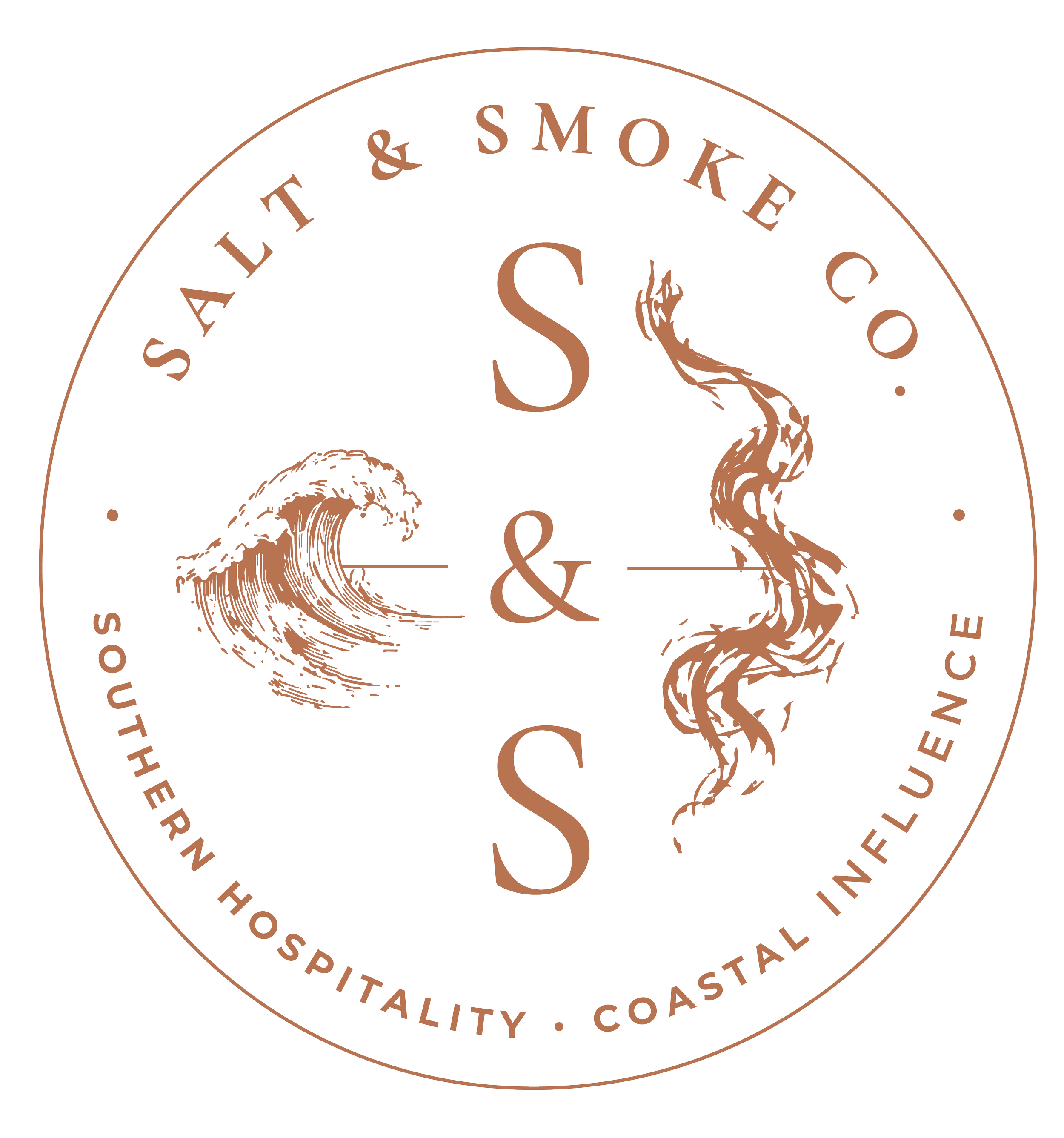 Close-up of a circular logo for Salt Life & Smoke Co. featuring a stylized wave and a snake or dragon illustration, with text around the circle.